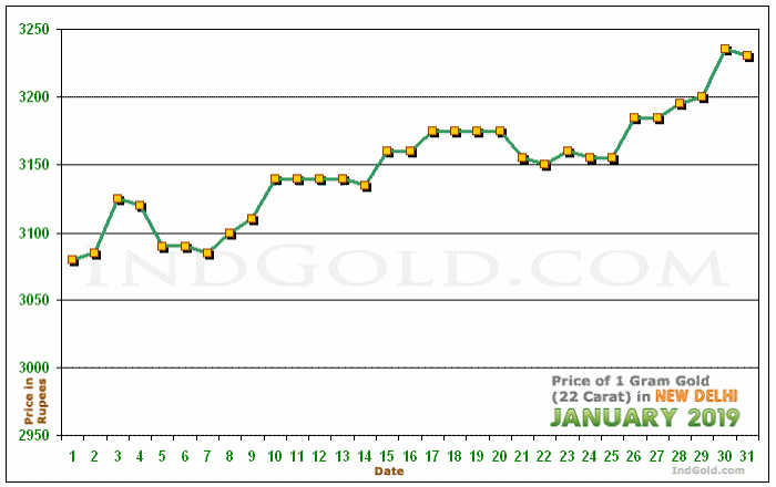 Delhi Gold Price per Gram Chart - January 2019